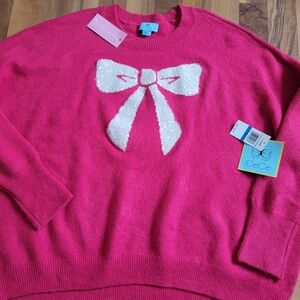 NWT CeCe XL Pink Sequin Bow Sweater Cute Feminine Statement Knit Top